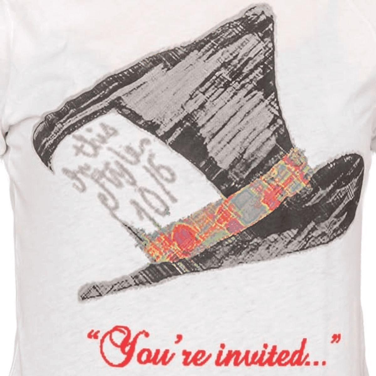Alice in Wonderland Mad Hatter Hat You're Invited Juniors White T-Shirt Tee - S