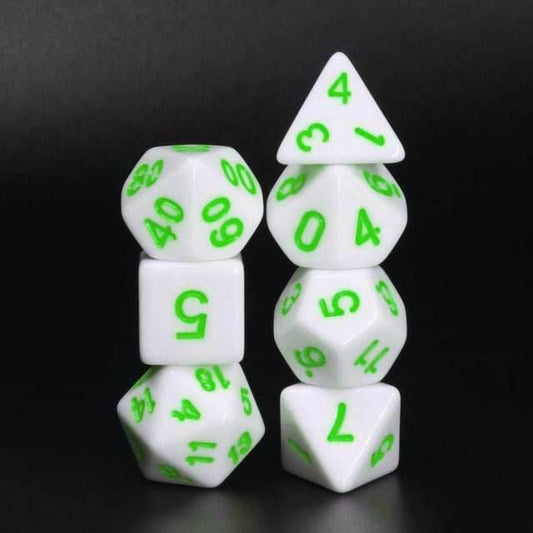 White Opaque with Green Numbering 7-Dice Set RPG - 