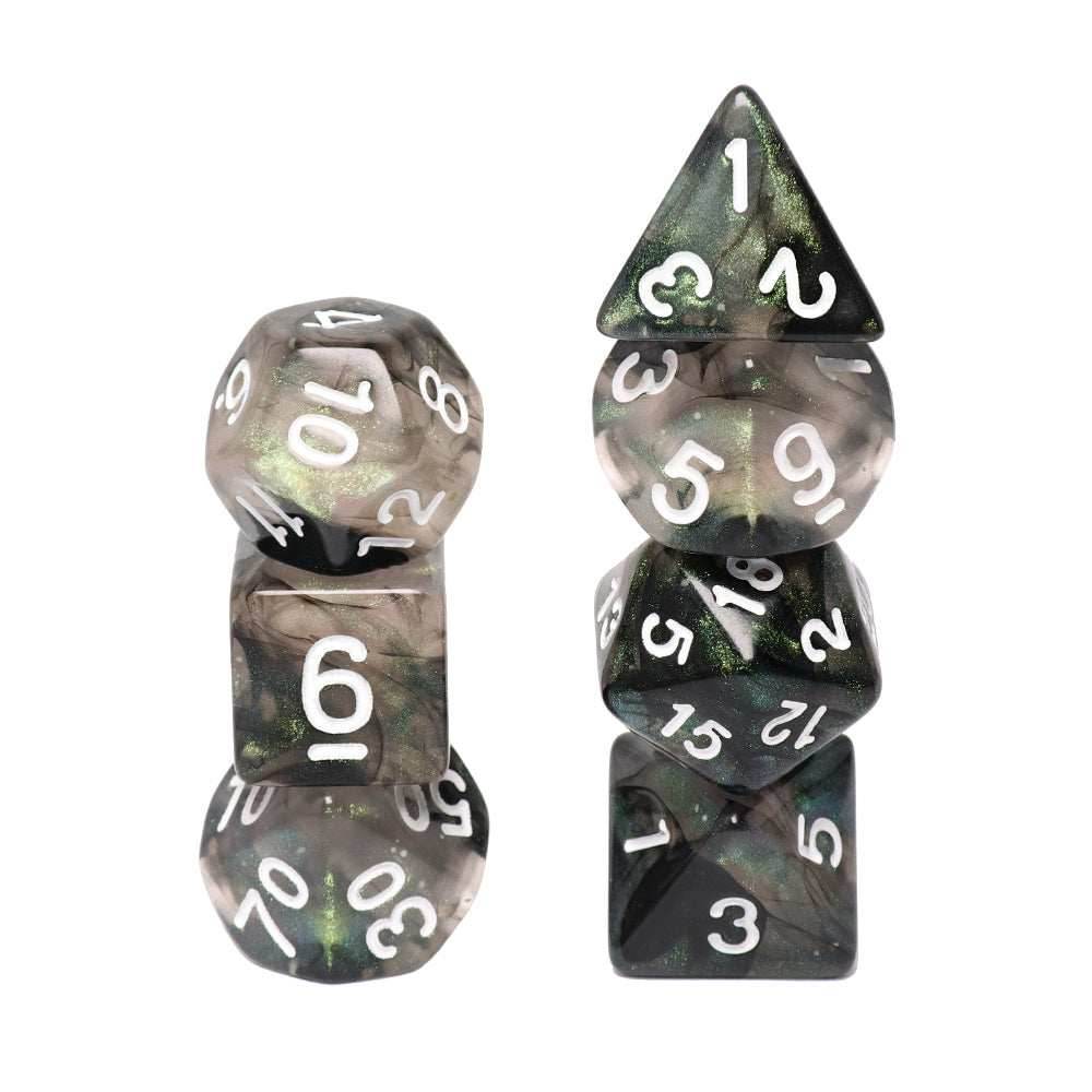 Stellar Explosion 7-Dice Set Black/Silver w/White Numbers Dnd Dice Set (Blacklight reactive) - 
