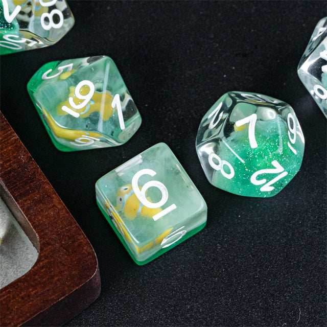 Gold Fish Green 7-Dice Dnd Dice | Glitter w/White Numbers Set - 