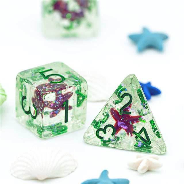 Green w/Purple Starfish Dice 7-Dice Set Resin Dungeons and Dragons Dice - 