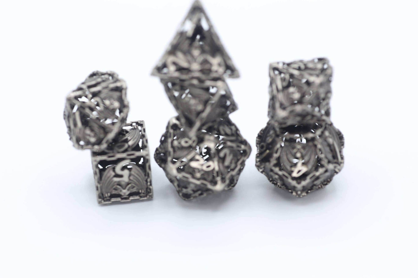 Ancient Silver Hollow Metal Bat Polyhedral Dice Set - 