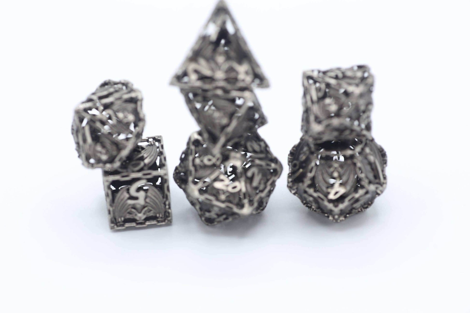 Ancient Silver Hollow Metal Bat Polyhedral Dice Set - 