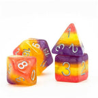 Orange Yellow Purple Glitter Layer 7-Dice Set w/Silver Numbers - 
