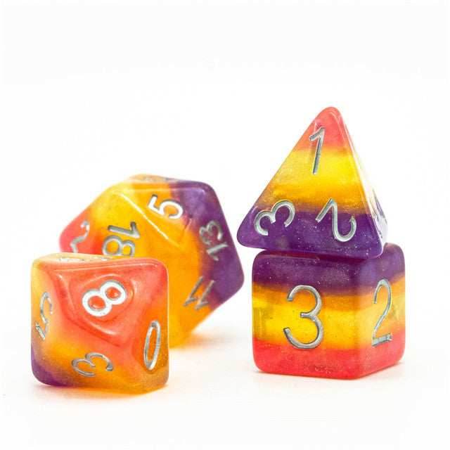 Orange Yellow Purple Glitter Layer 7-Dice Set w/Silver Numbers - 