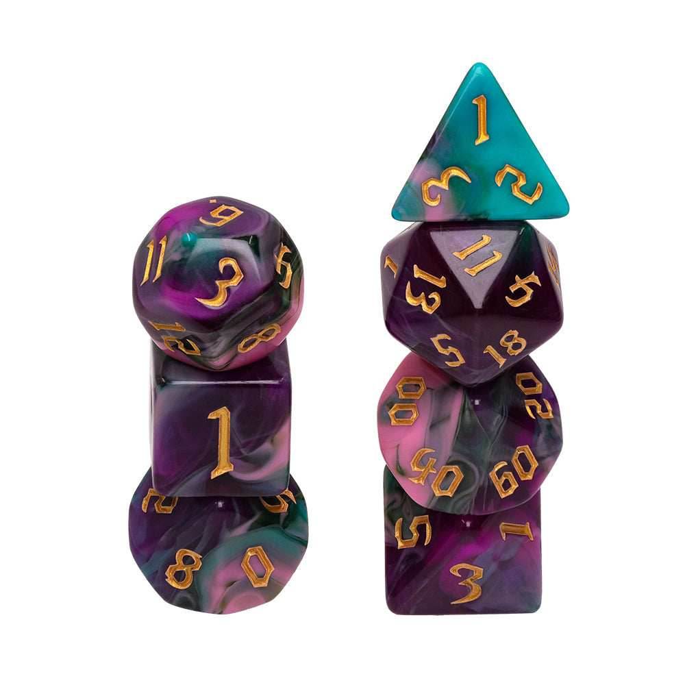 Night Elves 7-Dice Set Pink/Green/Purple w/Gold Numbers Dnd Dice Set - 