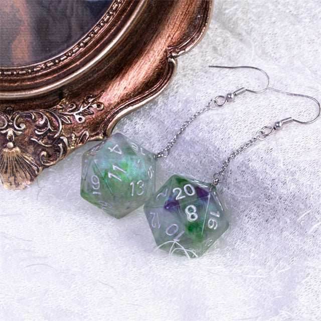 Glitter Green Dice Earrings: D20 Dice Spinning Colors Nerdy RPG Jewelry - 