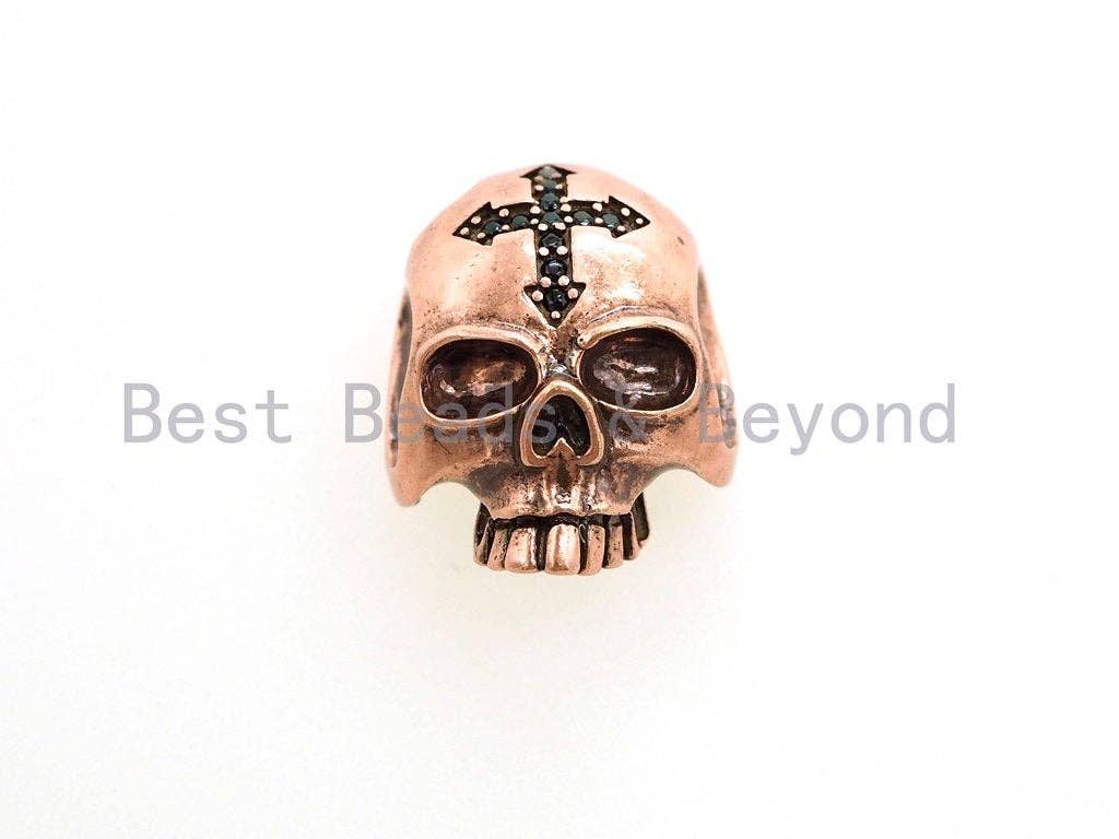 Black CZ Pave Cross on Skull Head Bead,Paracord Survival Bracelet Beads,Keychain Lanyard Making Beads,Men's Jewelry Findings,20mm,sku#Y111