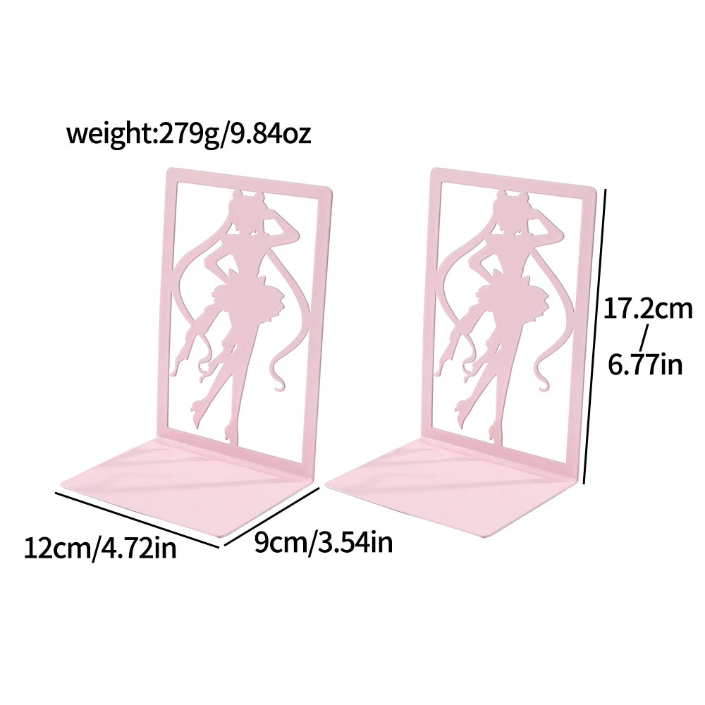 2pcs Beautiful Sailor Moon Pink Bookends Anime Cartoon Fan Series Heavy Duty Home Bookcase Non-Slip Desktop Office Supplies