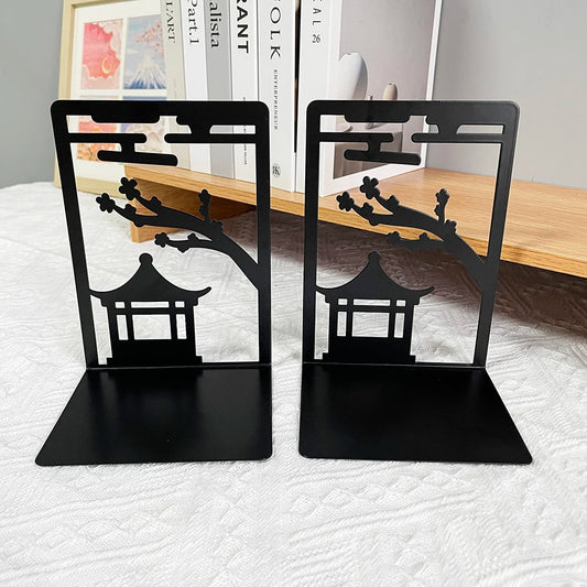 2pcs Chinese Style Gazebo Book End Metal Heavy Duty Bookends for Book Lovers Organising Desktop Home Office Iron Bookends