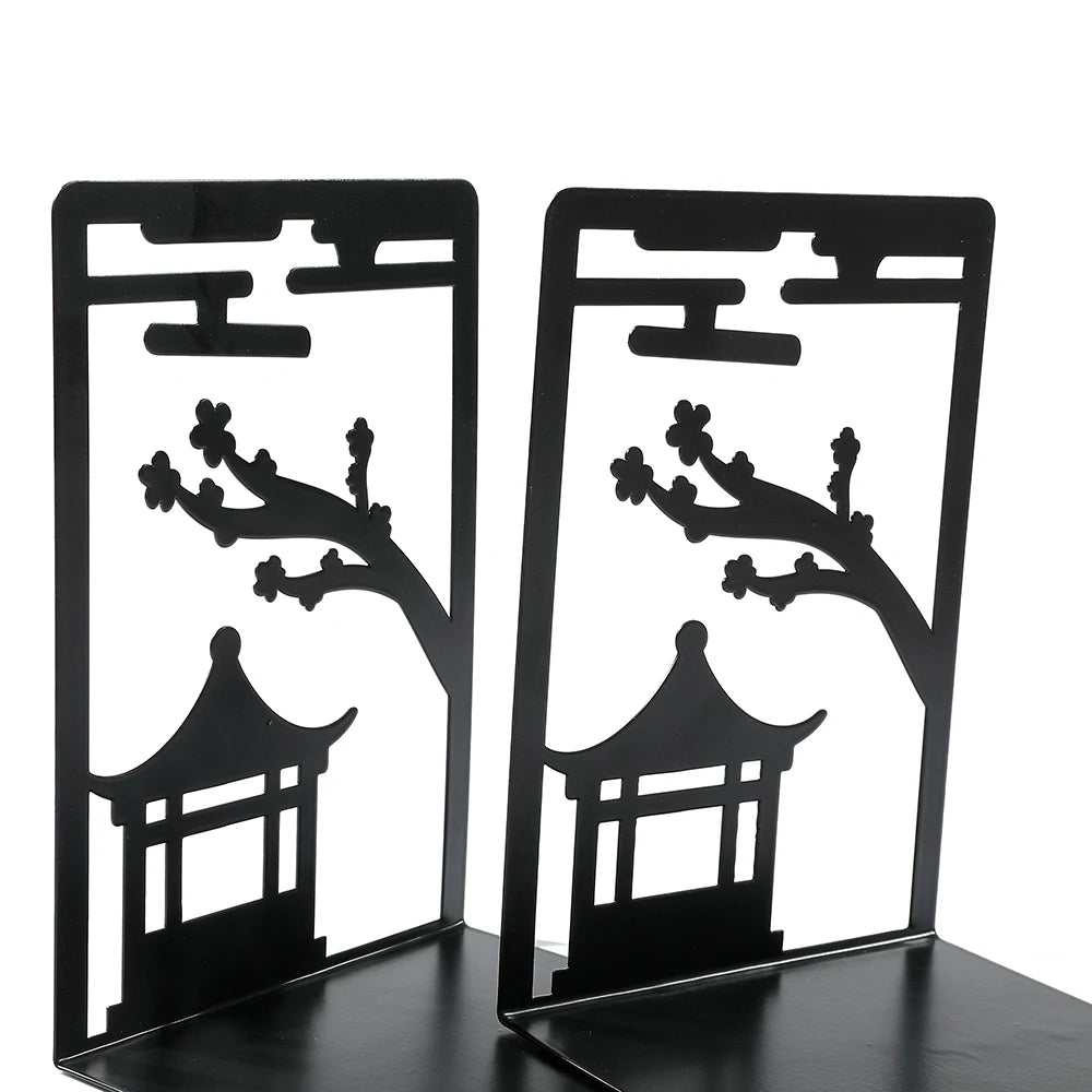 2pcs Chinese Style Gazebo Book End Metal Heavy Duty Bookends for Book Lovers Organising Desktop Home Office Iron Bookends