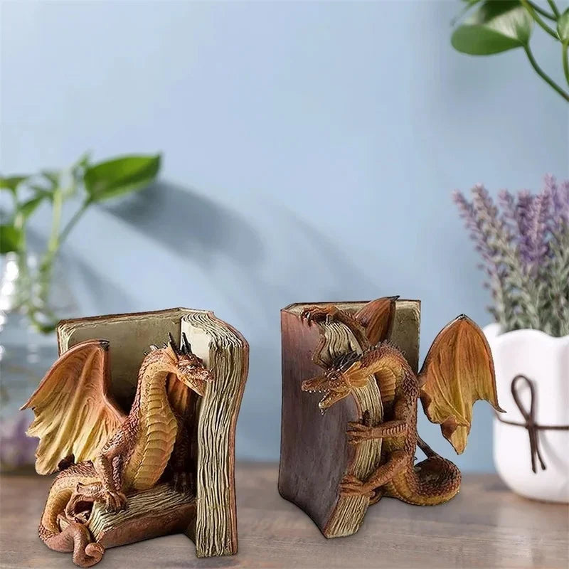 2pcs Resin Dragon Sculpture Bookend Art Crafts Desktop Book Stopper Accessories for Study Room Home Office Ornament Cute Gift