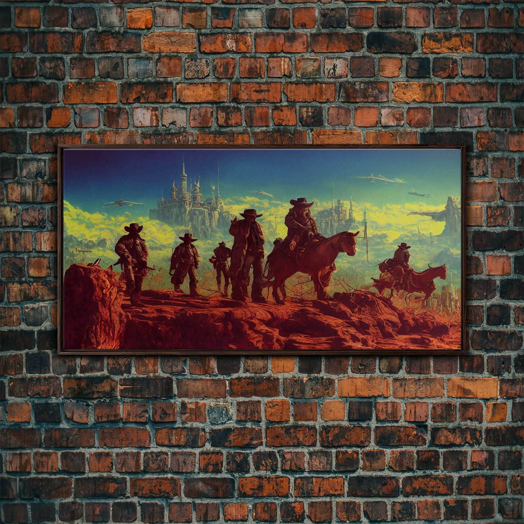Space Cowboys, Wildwest Scifi Mashup Fantasy Art, framed canvas print, ready to hang framed wall art - 10x20 Inches / Walnut Frame