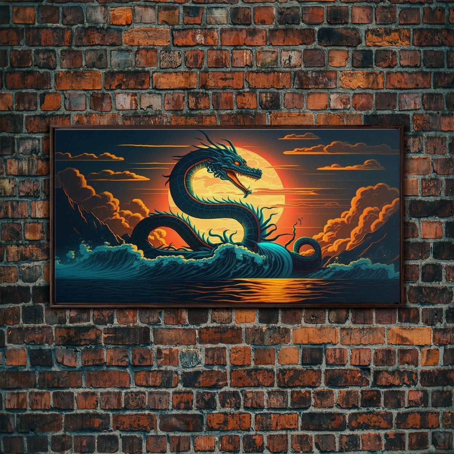 Jormungandr The Sea Serpent, Pop Art, Framed Canvas Print, Fantasy Art, Norse Mythology, Nordic / Viking Wall Art - 10x20 Inches / Walnut Frame
