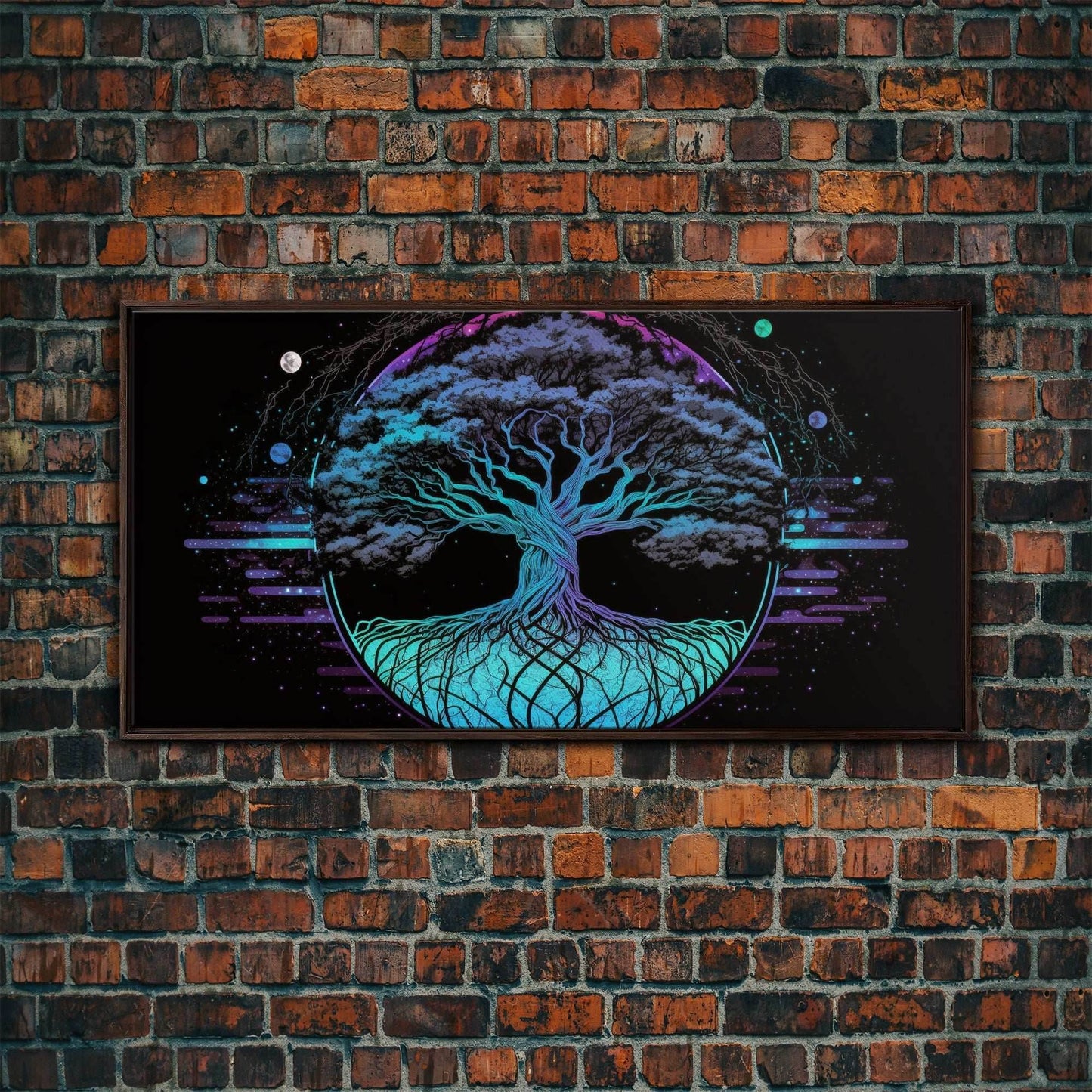 Norse Mythology Art, Synthwave Style Yggdrasil Tree of Life and the 9 Realms, Fantasy Art, Framed Canvas Print, Game Room Nordic Art - 10x20 Inches / Walnut Frame