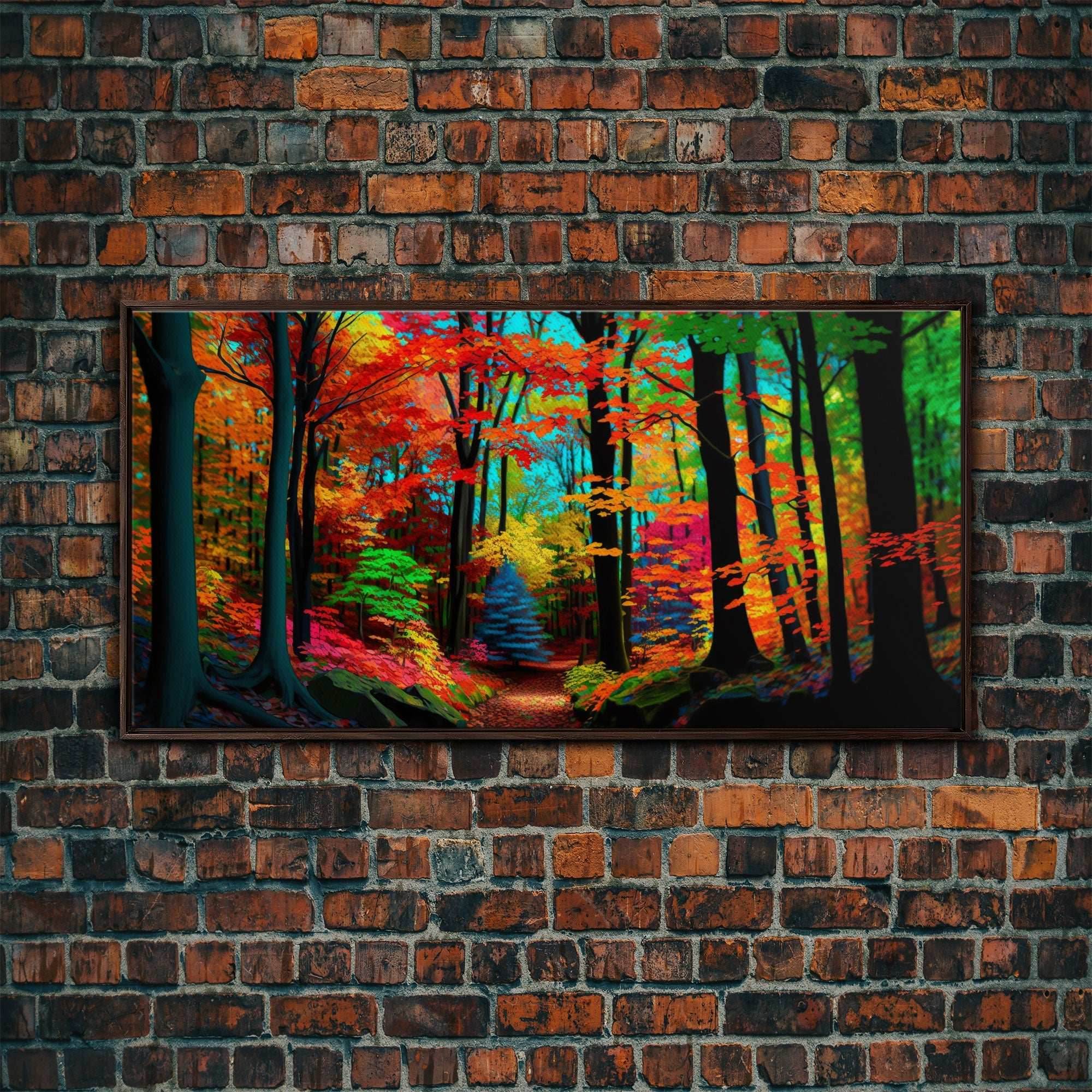 The Sacred Grove, Fantasy Art, Pop Art Forest Landscape, Framed Canvas Print, Colorful Forest Painting, Living Room Art - 10x20 Inches / Walnut Frame