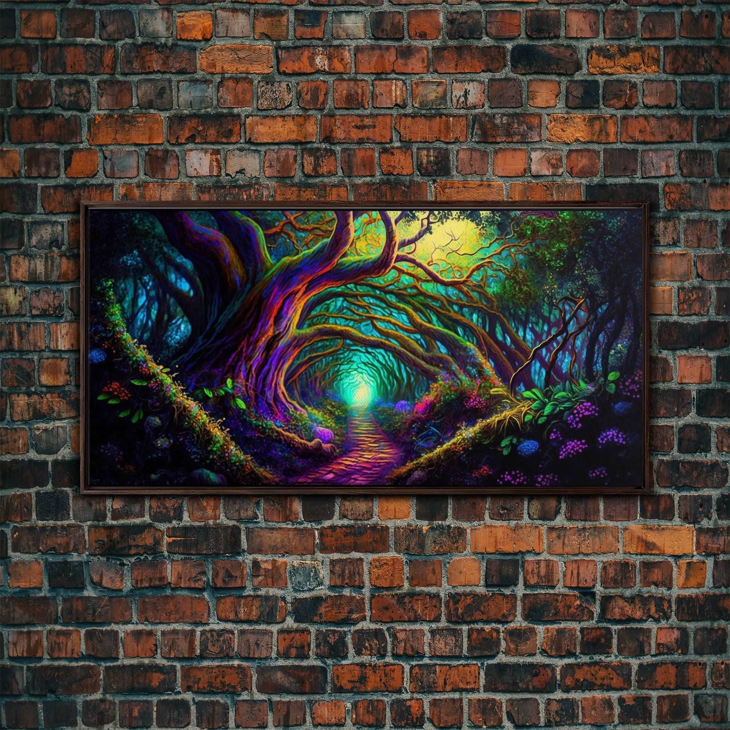 Fantasy wall art, canvas print, magical forest, fantasy landscape art, ready to hang wall art, magical glowing forest fantasy art - 10x20 Inches / Walnut Frame