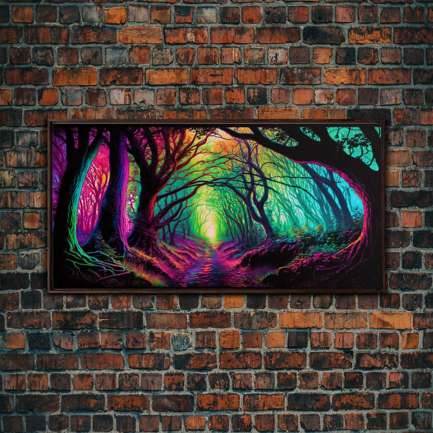 The Secret Grove, Fantasy Art, Pop Art Forest Landscape, Framed Canvas Print, Colorful Forest Painting, Living Room Art - 10x20 Inches / Walnut Frame