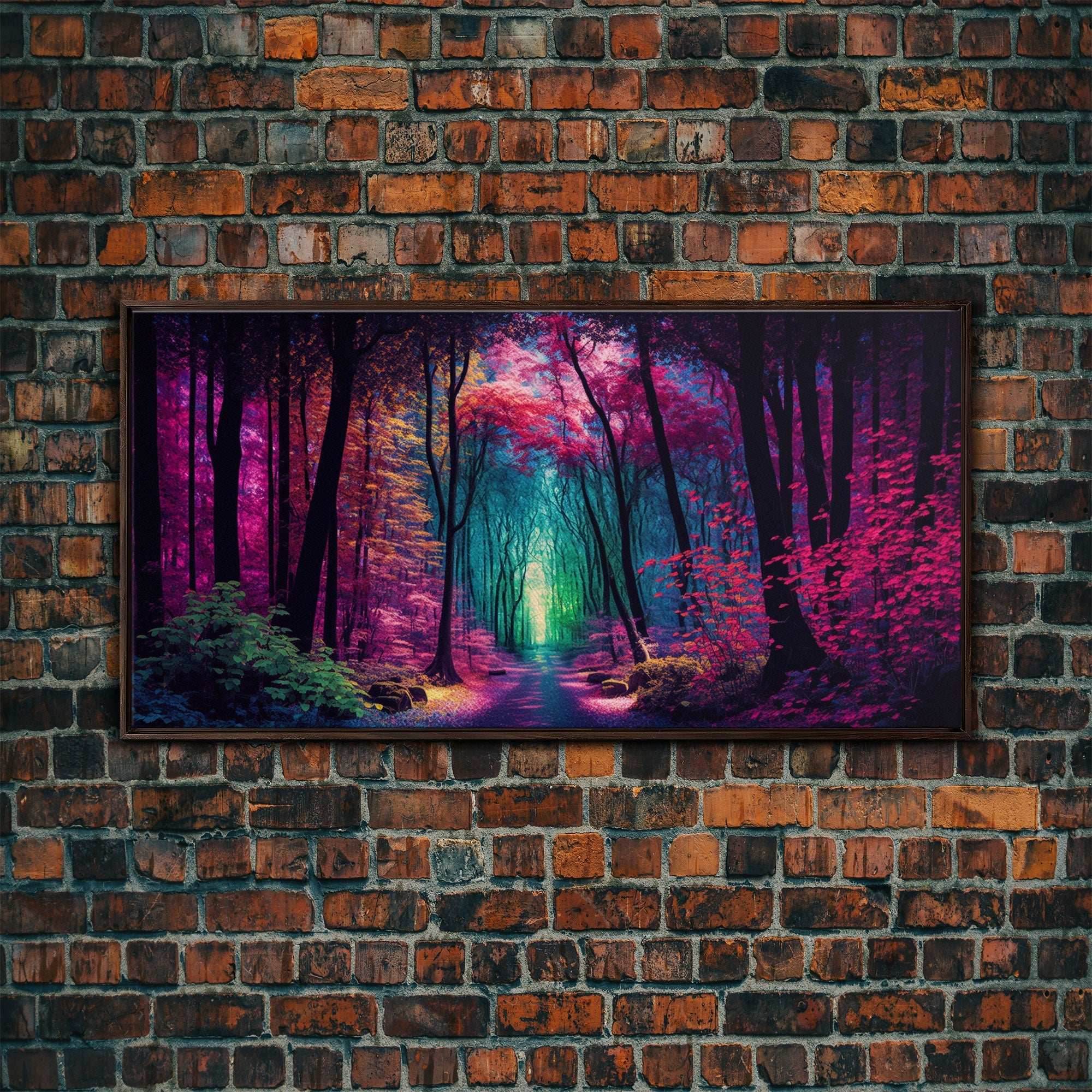The Secret Grove, Fantasy Art, Pop Art Forest Landscape, Framed Canvas Print, Colorful Forest Painting, Living Room Art - 10x20 Inches / Walnut Frame