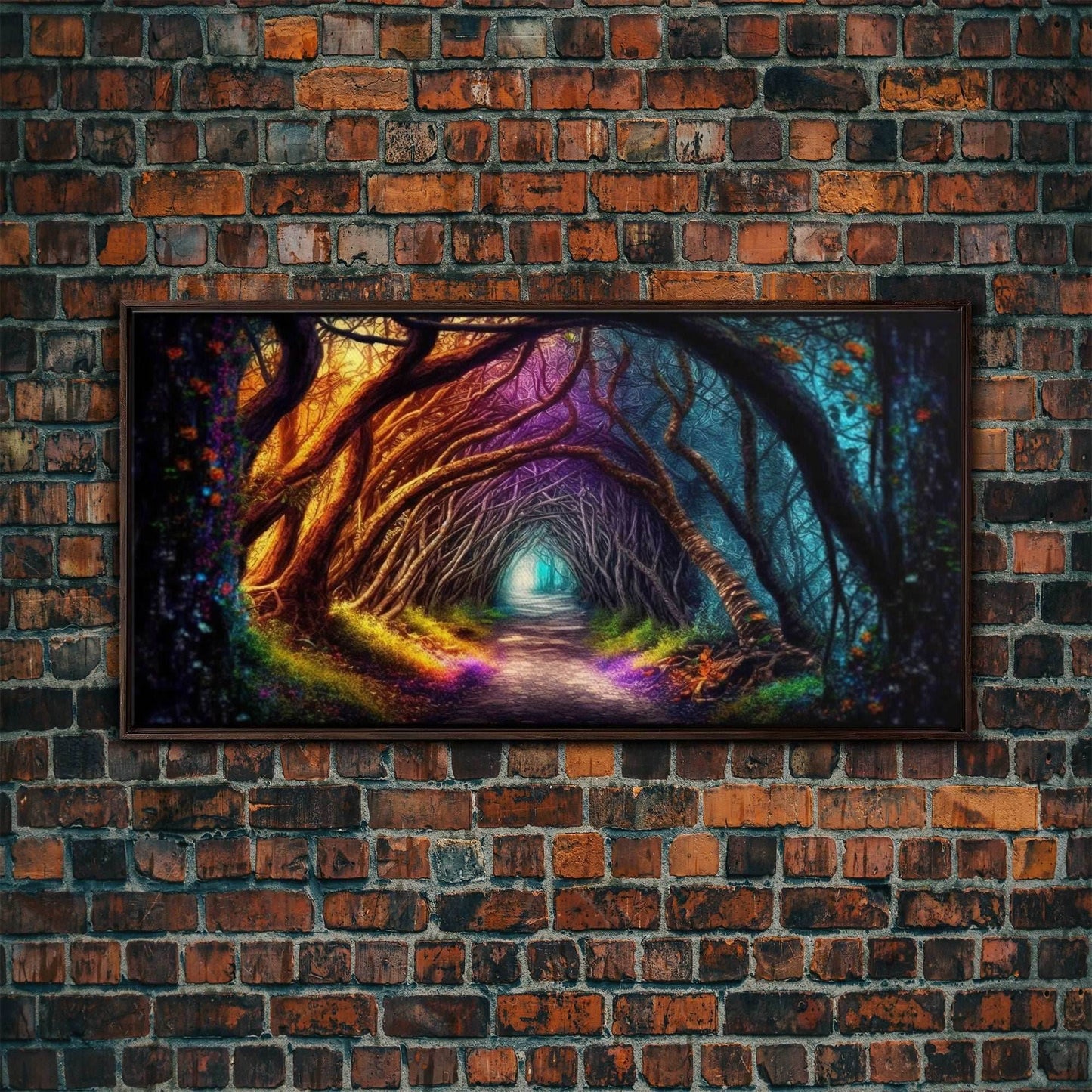 Secret Path, Fantasy Art, Pop Art Forest Landscape, Framed Canvas Print, Colorful Forest Painting, Living Room Art, Glowing Magical Forest - 10x20 Inches / Walnut Frame