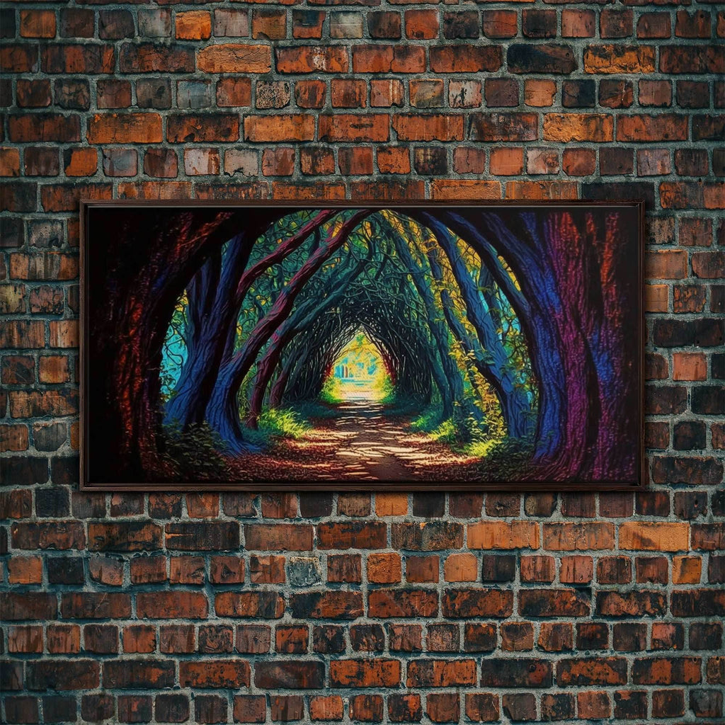 The Path through The Trees, Fantasy Art, Framed Canvas Print, RPG concept Art, Magical glowing forest - 10x20 Inches / Walnut Frame