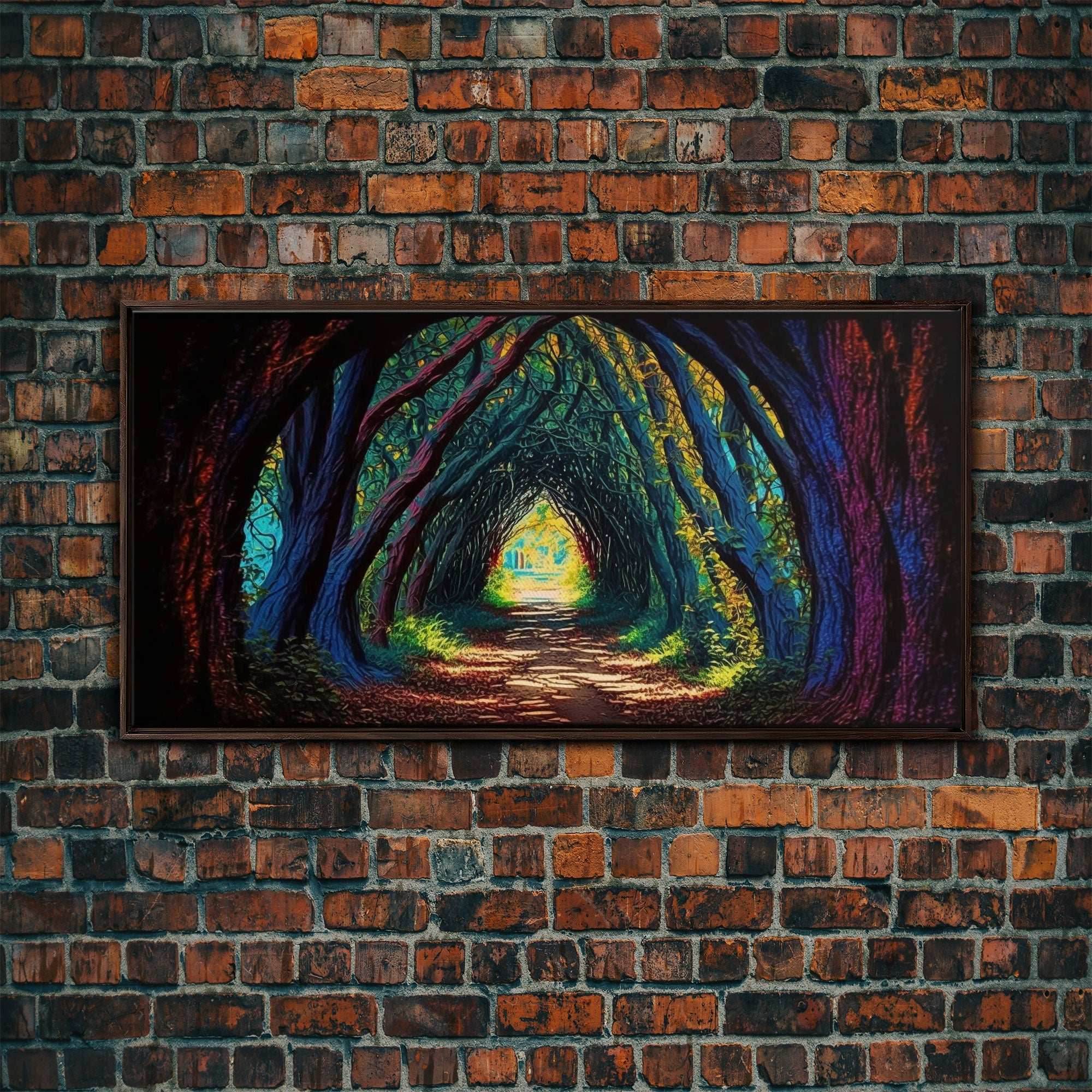 The Path through The Trees, Fantasy Art, Framed Canvas Print, RPG concept Art, Magical glowing forest - 10x20 Inches / Walnut Frame