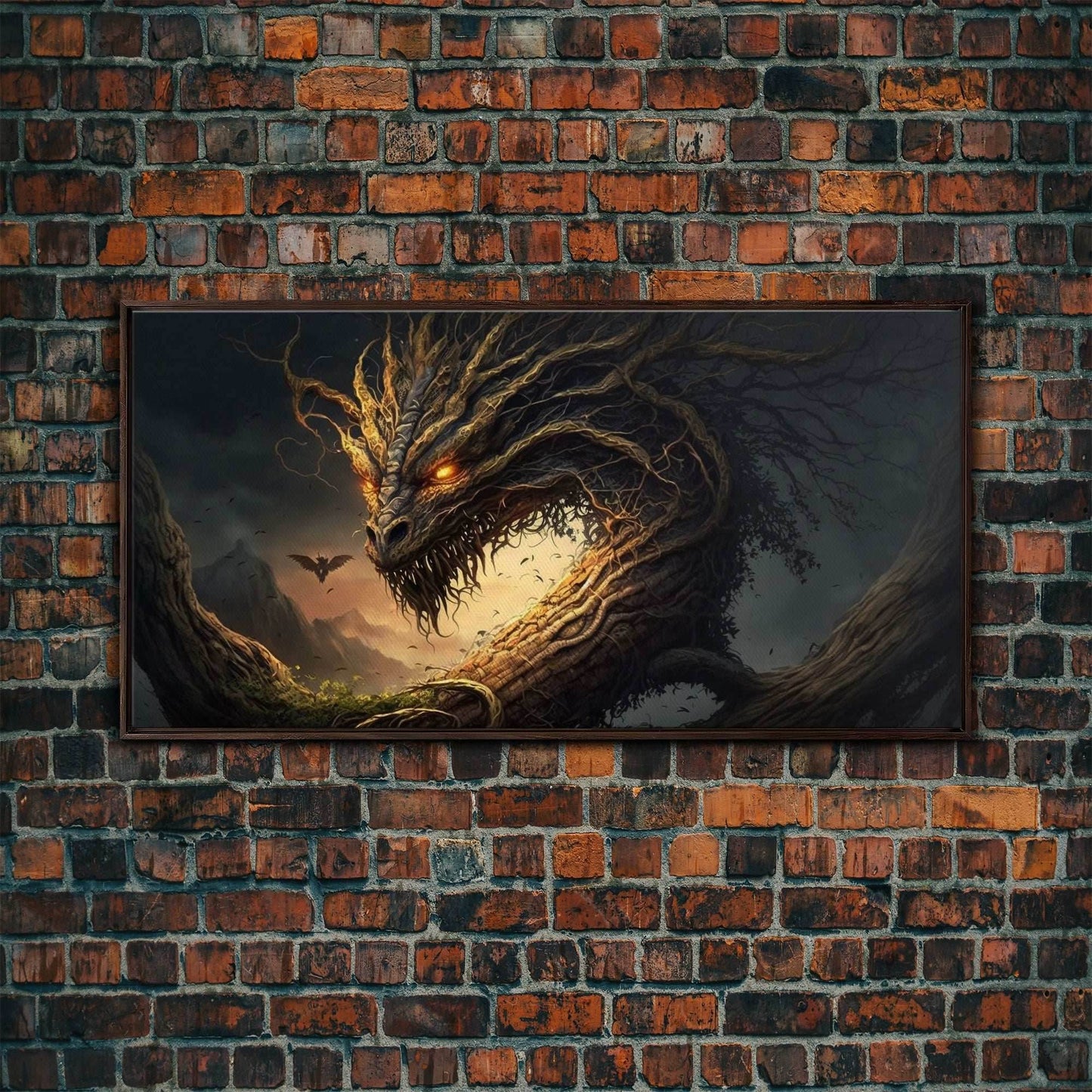 Forest Dragon Nidhogg, Norse Mythology, Framed Canvas Print, Fantasy Dragon Art, Fantasy Decor - 10x20 Inches / Walnut Frame