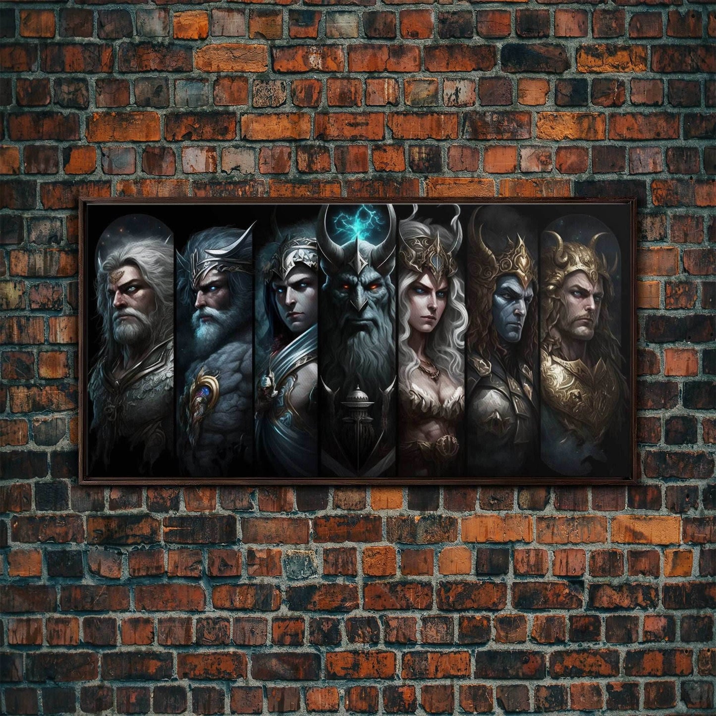 The Æsir, Aesir, Old Norse Gods, Framed Canvas Print, Norse Mythology, Scandinavian Mythology Fantasy Art - 10x20 Inches / Walnut Frame