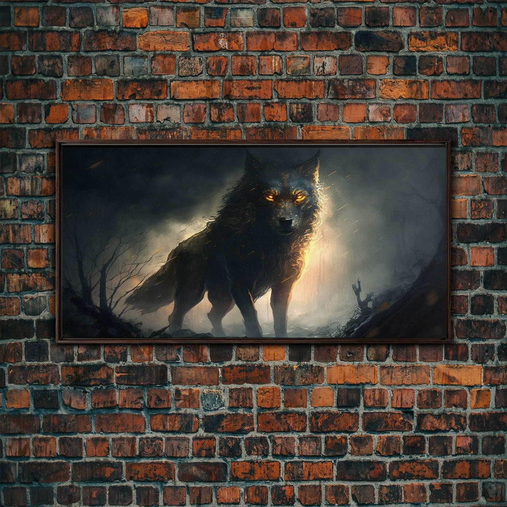 The Great Wolf Fenrir, Framed Canvas Print, Norse Mythology, Fantasy Art - 10x20 Inches / Walnut Frame