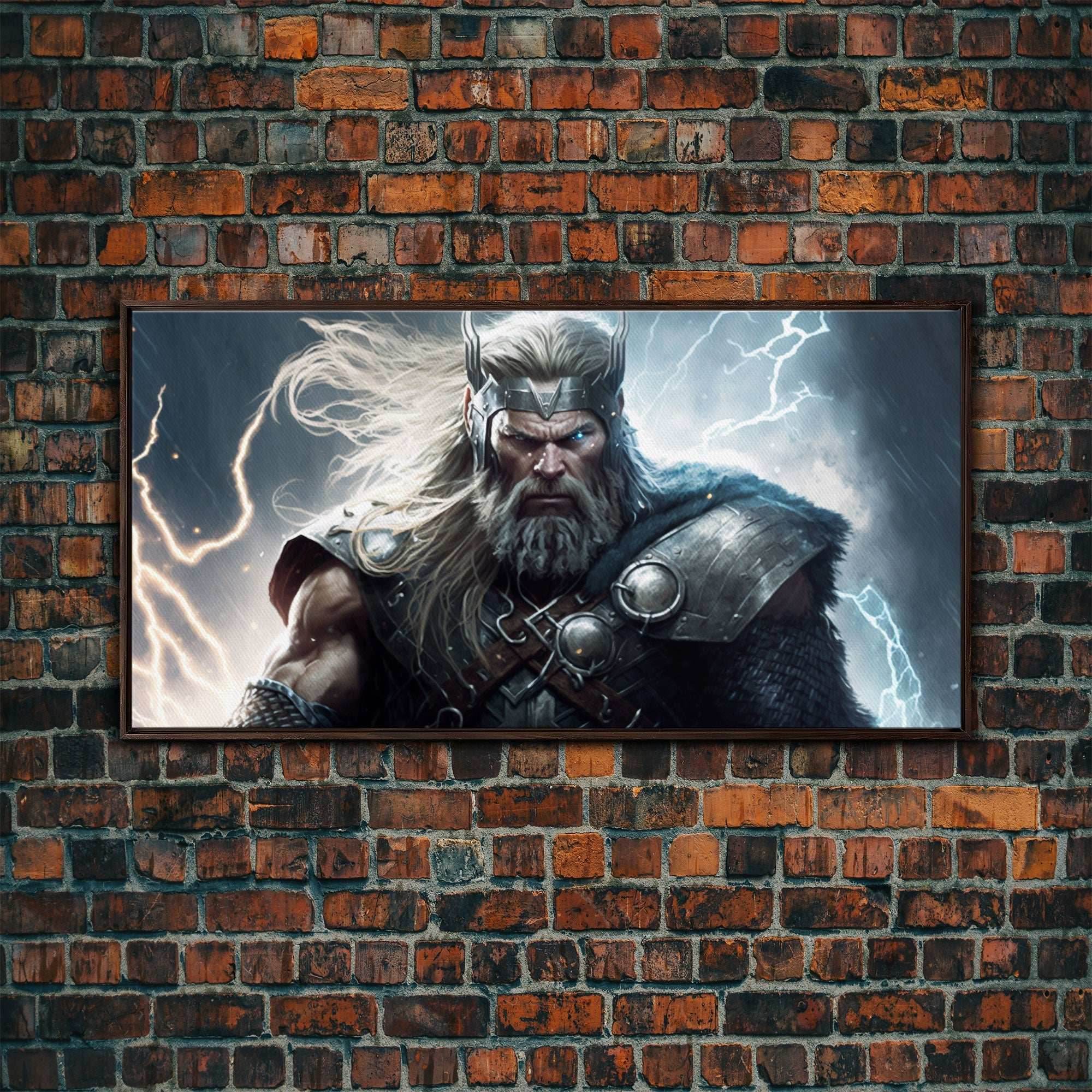 Thor Art, God of Thunder, Framed Canvas Print, Norse Mythology Art, Fantasy Art - 10x20 Inches / Walnut Frame