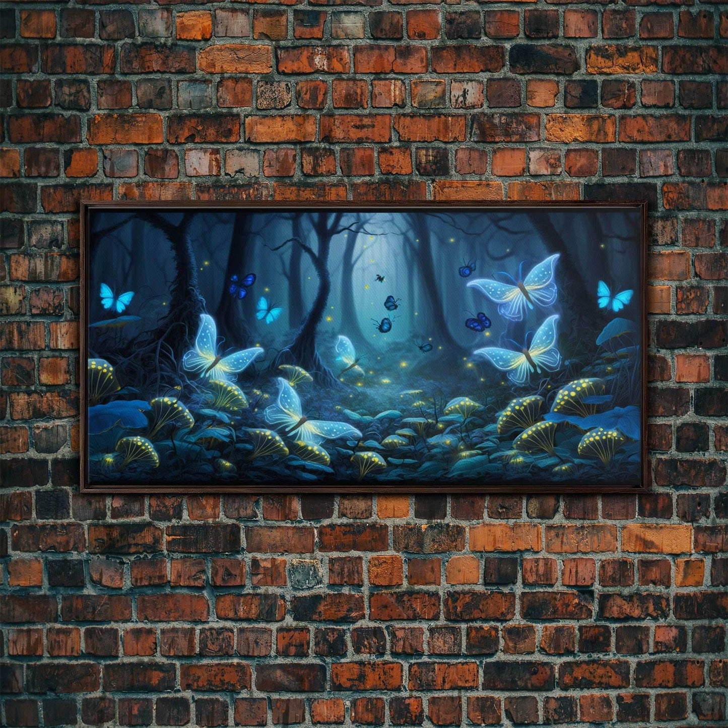 Magical Enchanted Fairy Forest, Fantasy Art, Framed Canvas Print, Bioluminescent Butterflies in an Enchanted Forest, Glowing Art - 10x20 Inches / Walnut Frame