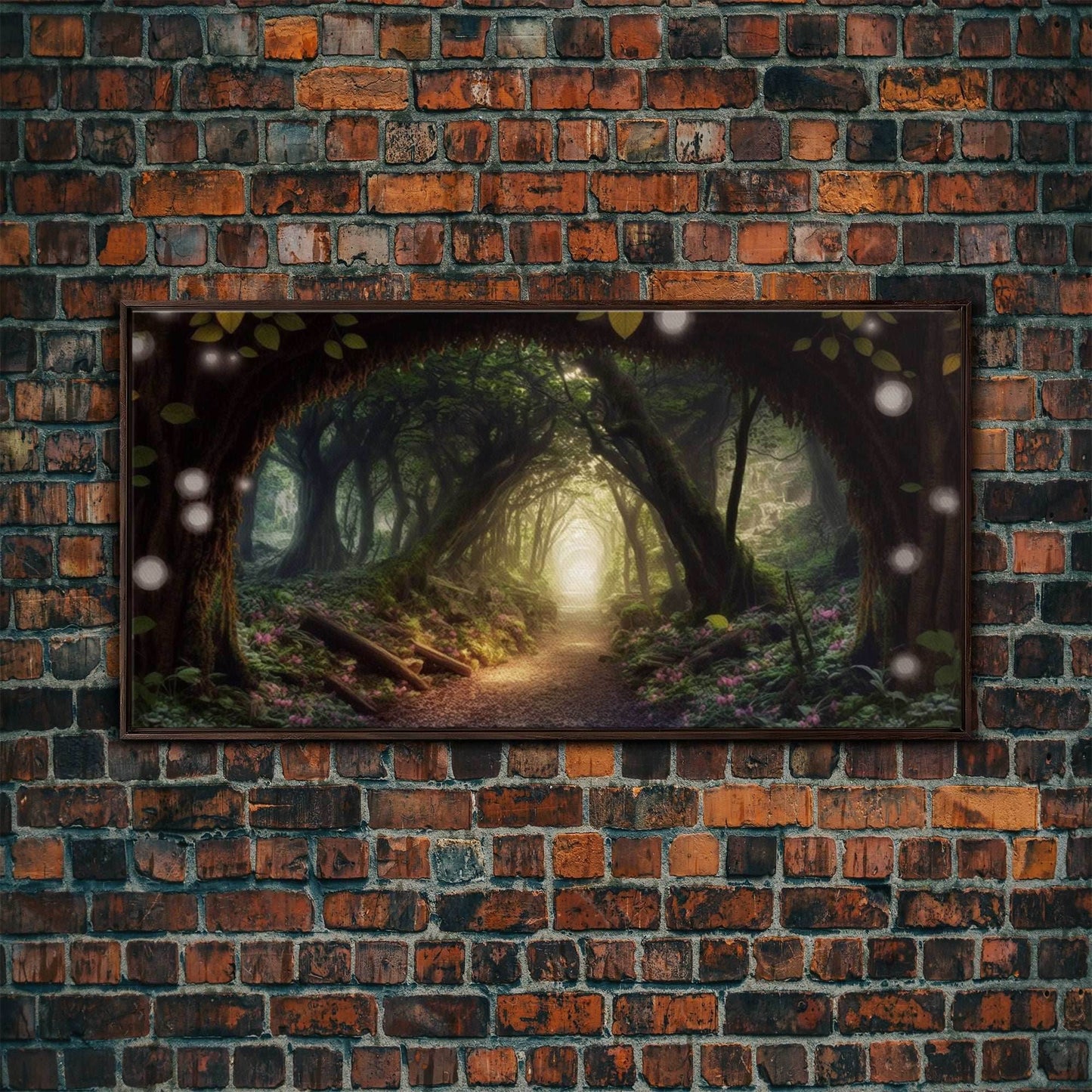 Path Through A Magical Enchanted Fairy Forest, Fantasy Art, Framed Canvas Print, Enchanted Forest Fantasy Art - 10x20 Inches / Walnut Frame