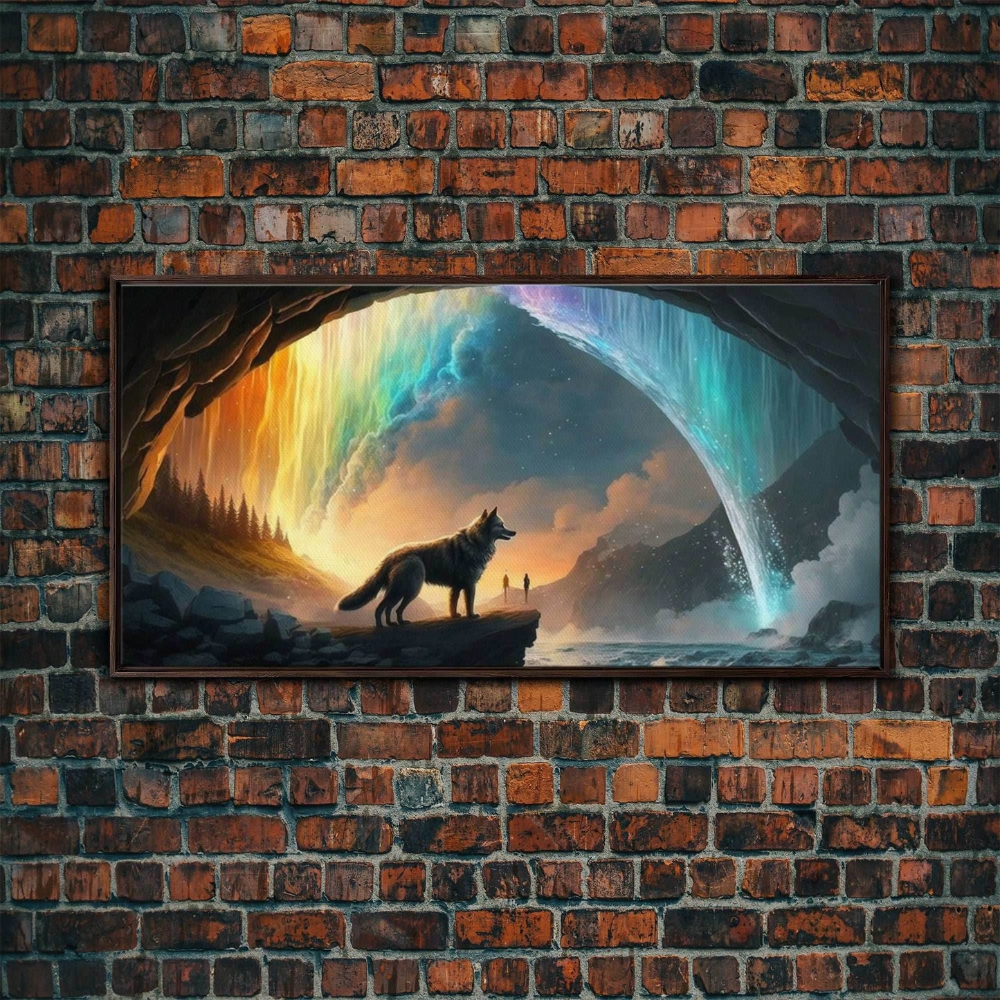 Fenrir, Mythological Wolf, With Bifrost. Norse Mythology Fantasy Art, Framed Canvas Print, Nordic Art - 10x20 Inches / Walnut Frame