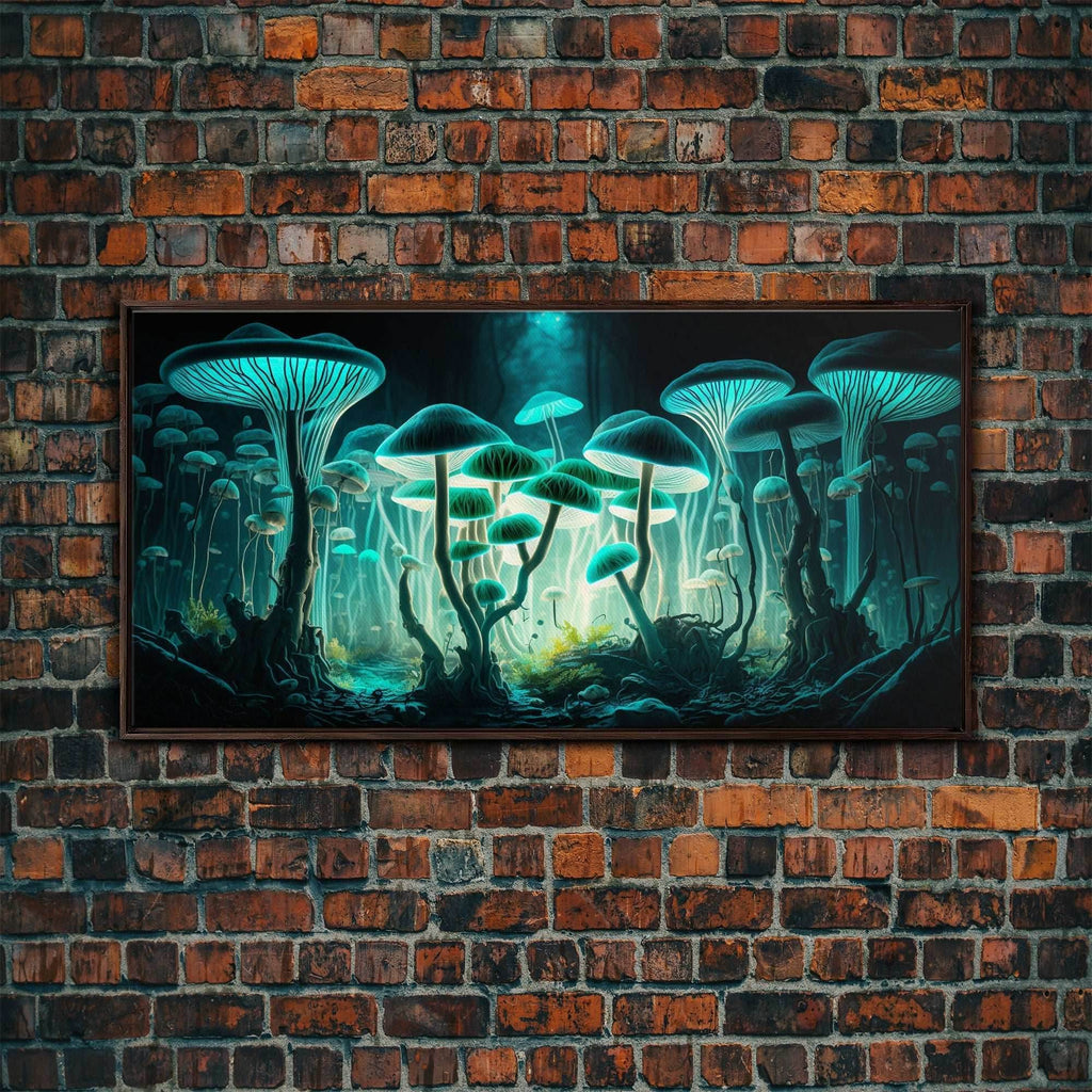 The Forest Floor, Framed Canvas Print, Glowing Mushrooms, Bioluminescent Mushroom Art, Color fantasy wall art - 10x20 Inches / Walnut Frame