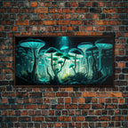 The Forest Floor, Framed Canvas Print, Glowing Mushrooms, Bioluminescent Mushroom Art, Color fantasy wall art - 10x20 Inches / Walnut Frame