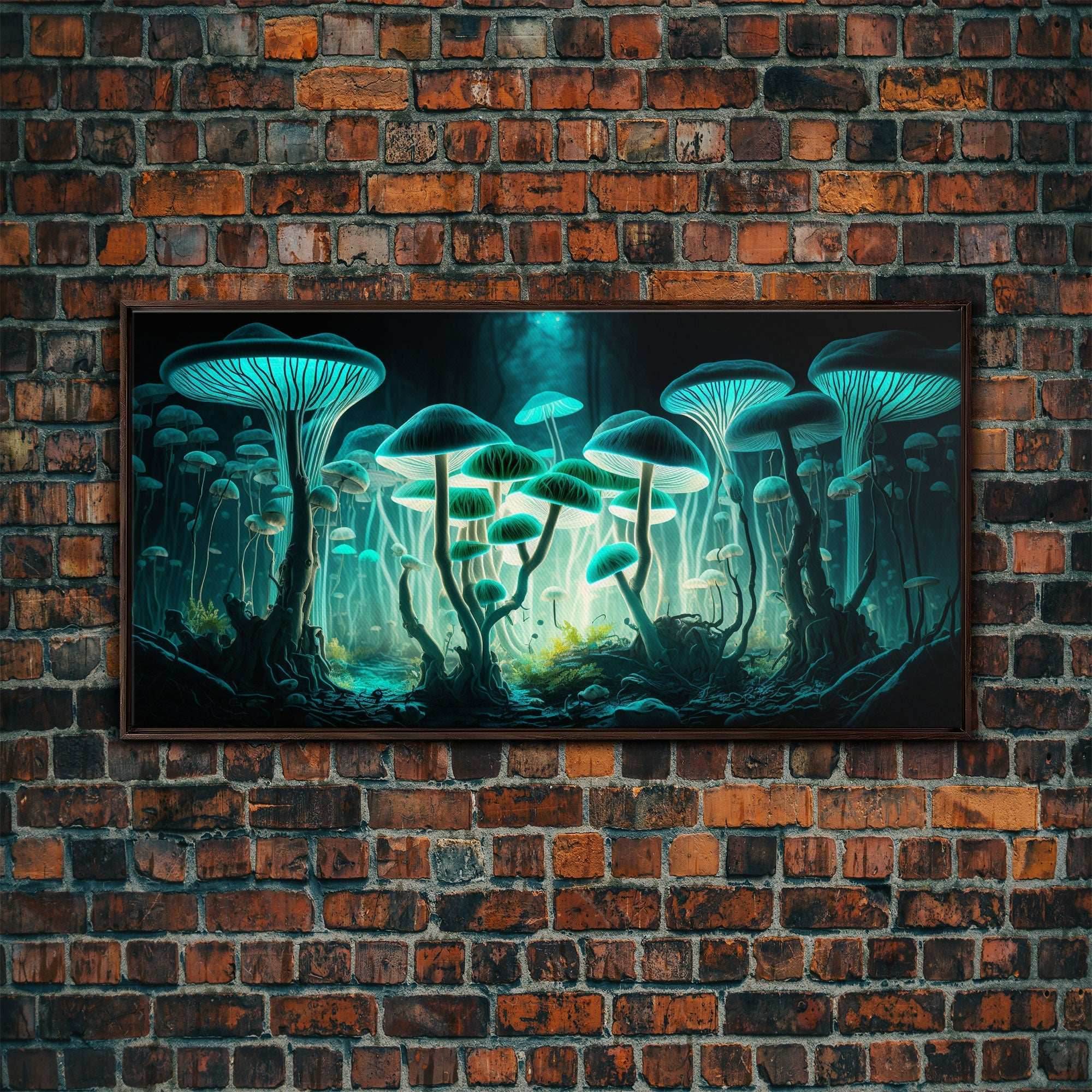 The Forest Floor, Framed Canvas Print, Glowing Mushrooms, Bioluminescent Mushroom Art, Color fantasy wall art - 10x20 Inches / Walnut Frame