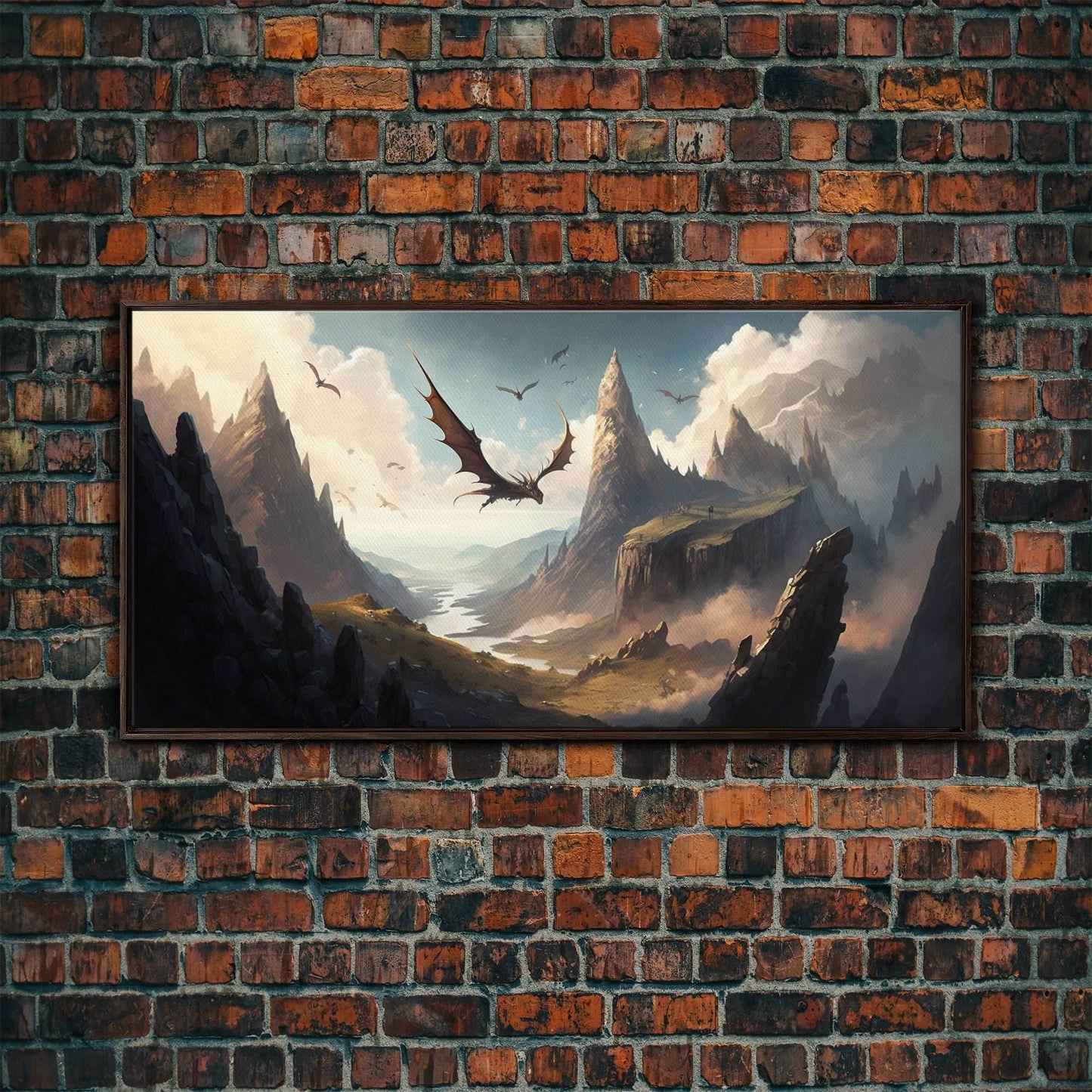 Dragons in Flight Over a Valley, Fantasy Art, Framed Canvas Print, Medieval Fantasy Art, Fire breathing dragons - 10x20 Inches / Walnut Frame