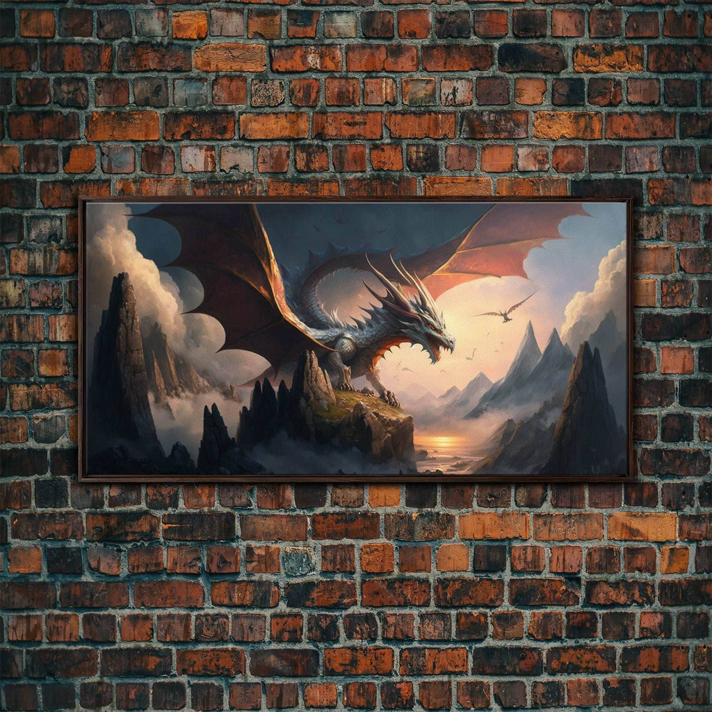 White Dragon on a Mountain Top, Fantasy Art, Framed Canvas Print, Medieval Fantasy Art, Fire breathing dragons - 10x20 Inches / Walnut Frame