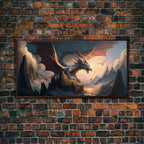 White Dragon on a Mountain Top, Fantasy Art, Framed Canvas Print, Medieval Fantasy Art, Fire breathing dragons - 10x20 Inches / Walnut Frame