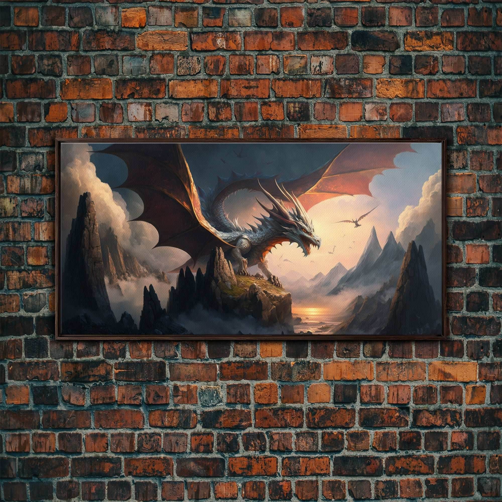 White Dragon on a Mountain Top, Fantasy Art, Framed Canvas Print, Medieval Fantasy Art, Fire breathing dragons - 10x20 Inches / Walnut Frame