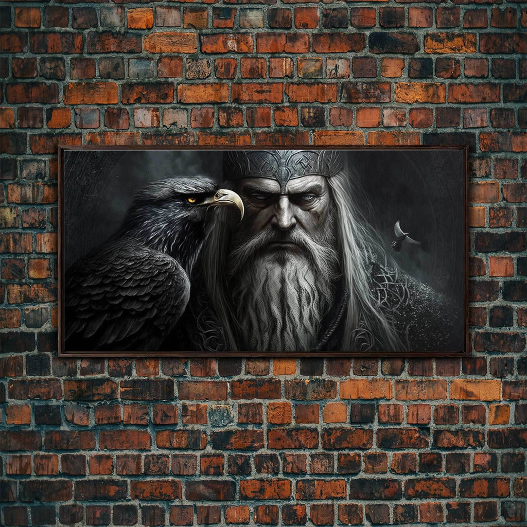 Portrait of Odin King of the Gods, Ruler of Asgard, Framed Canvas Print, Norse Mythology Pop Art, Fantasy Art - 10x20 Inches / Walnut Frame