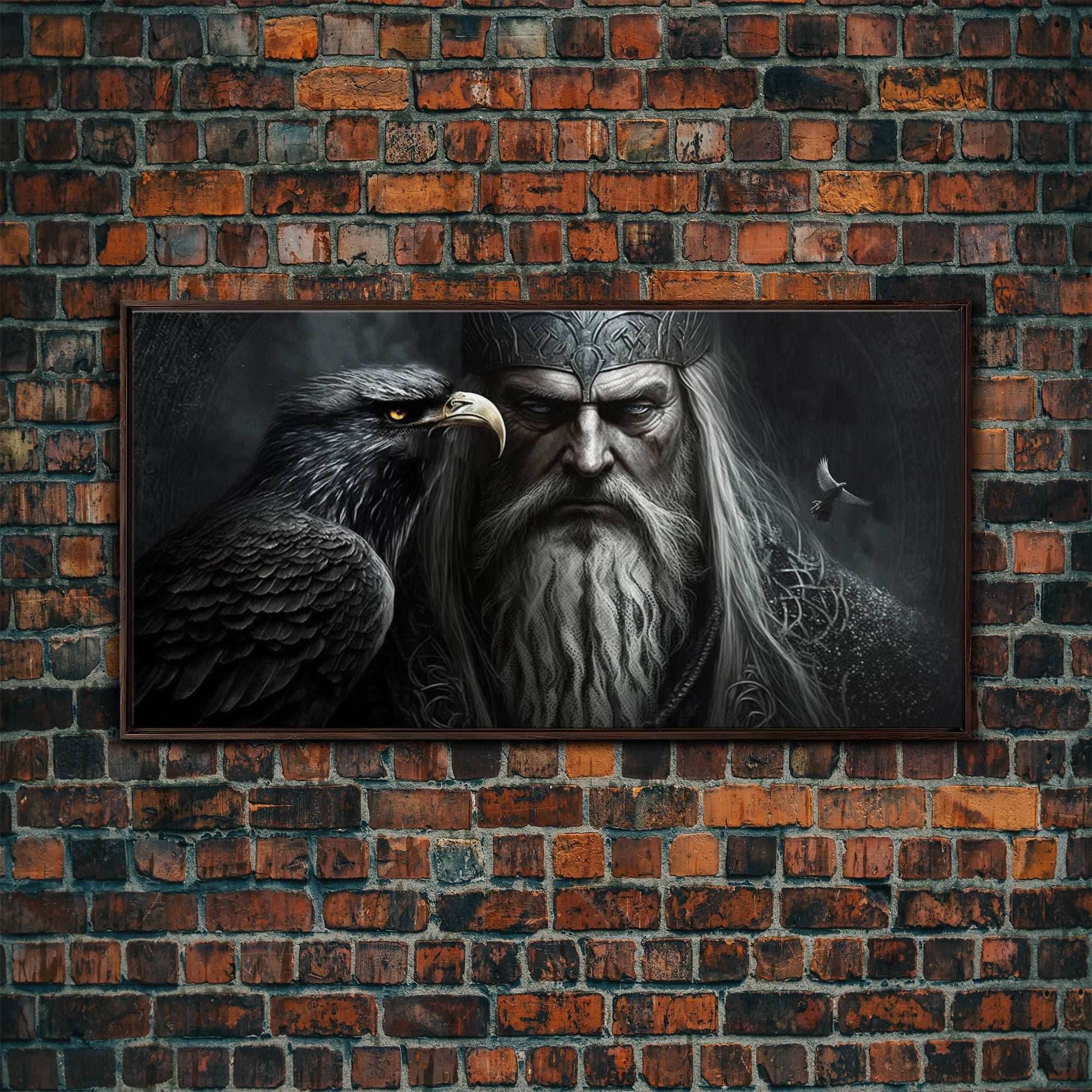 Portrait of Odin King of the Gods, Ruler of Asgard, Framed Canvas Print, Norse Mythology Pop Art, Fantasy Art - 10x20 Inches / Walnut Frame