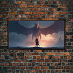 Warrior Facing Down a Dragon, Framed Canvas Print, Unique Fantasy Wall Art, In The Time of Dragons - 10x20 Inches / Walnut Frame