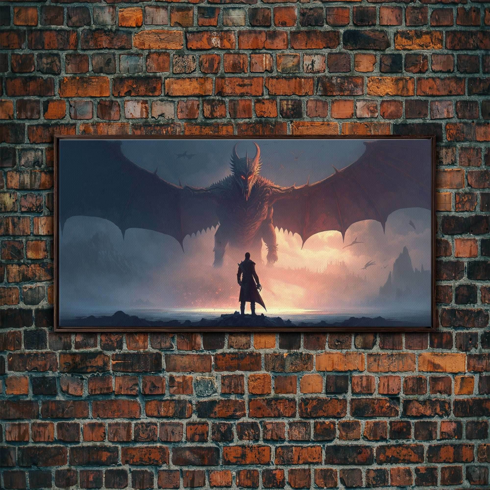 Warrior Facing Down a Dragon, Framed Canvas Print, Unique Fantasy Wall Art, In The Time of Dragons - 10x20 Inches / Walnut Frame