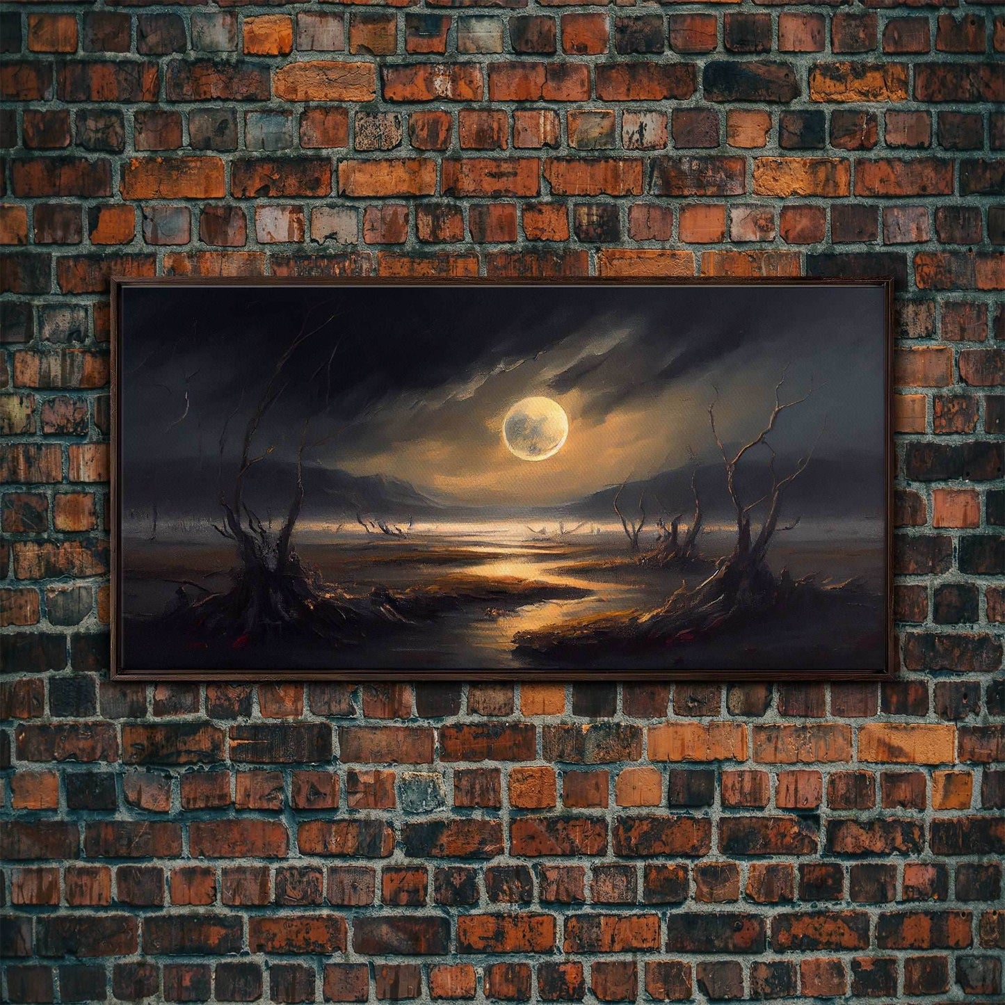 Midnight In The Swamp, Framed Canvas Print, Fantasy Art Canvas, Wall Art, Game Room Art, Full moon - 10x20 Inches / Walnut Frame