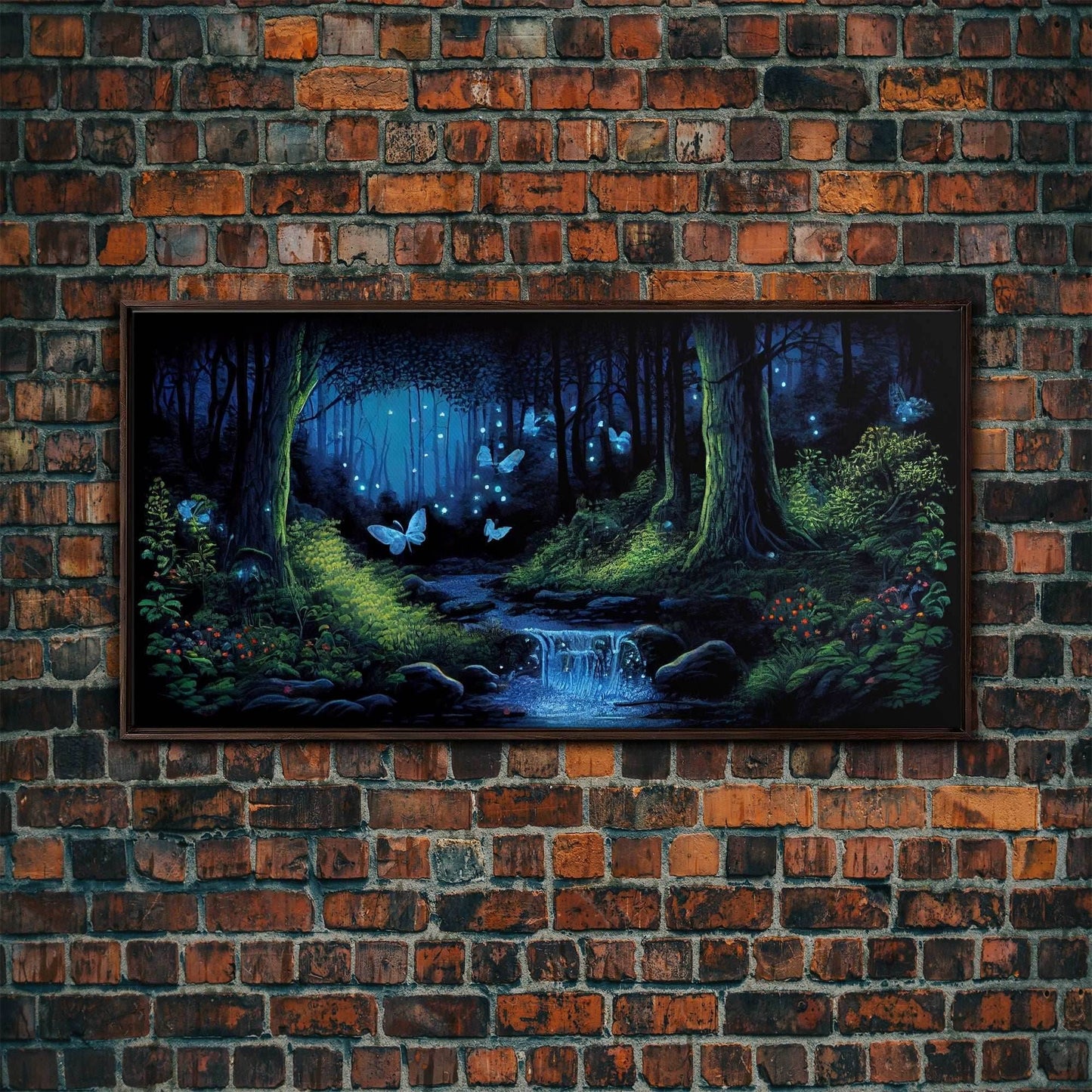 Enchanted Forest Painting, Fantasy Art, Fairy House, Fantasy, Woodland Decor, Woods, Forest, Fairy Forest with Blue Butterflies - 10x20 Inches / Walnut Frame