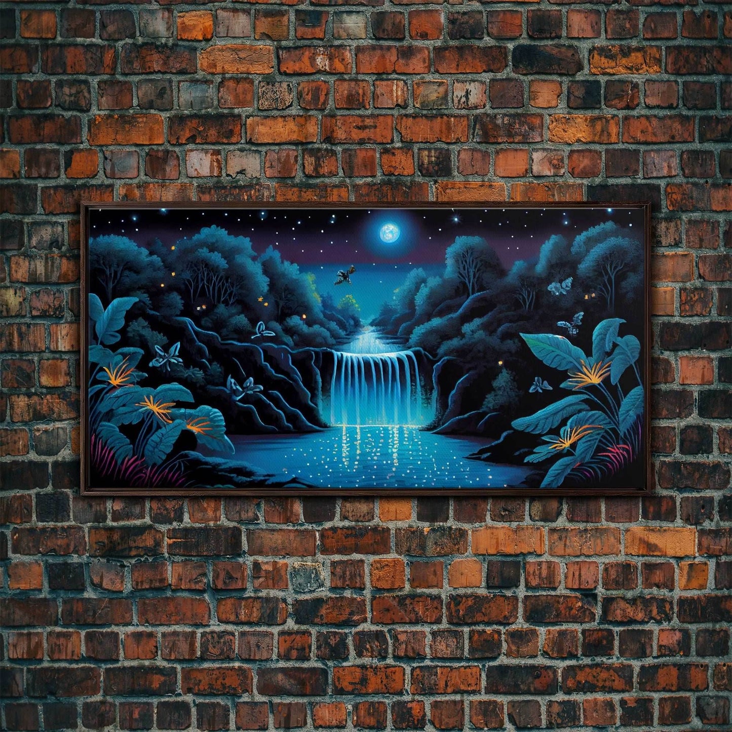 The Secret Waterfall, Enchanted Forest With Painting, Fantasy Art, Fairy House, Fantasy, Woodland Decor, Woods, Forest with Blue Butterflies - 10x20 Inches / Walnut Frame