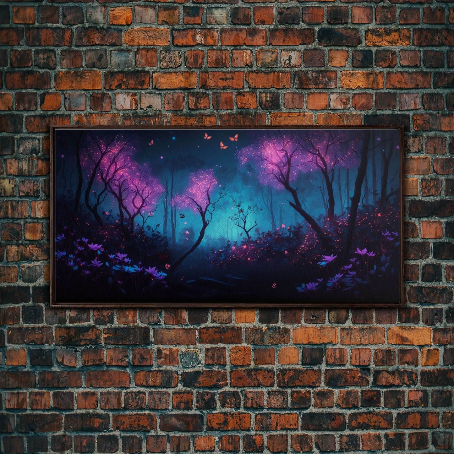 Beautiful forest canvas print Fantasy forest wall art Forest Painting, Framed Art, Glowing Butterflies - 10x20 Inches / Walnut Frame