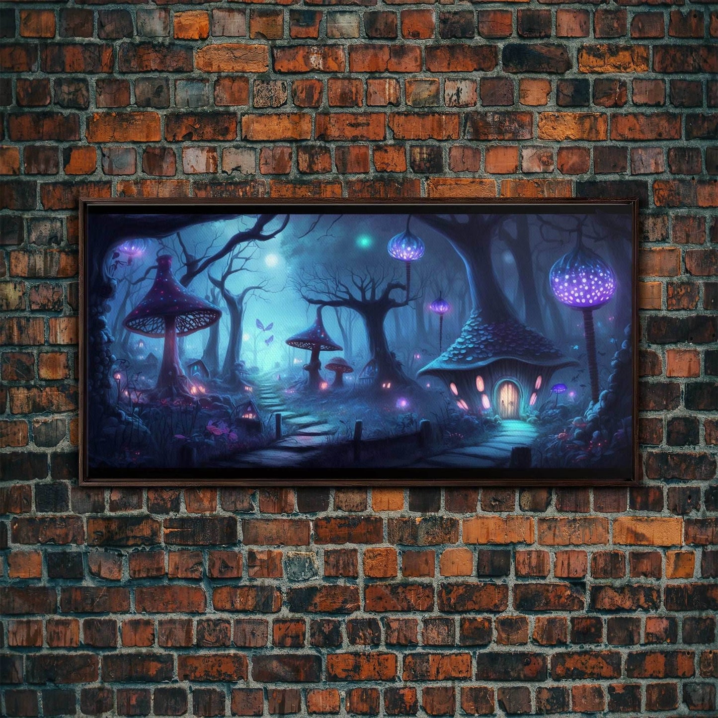 Magical Mushroom Fantasy Forest Wall Art, Framed Canvas Print, Game Room Art, Fantasy Decor - 10x20 Inches / Walnut Frame