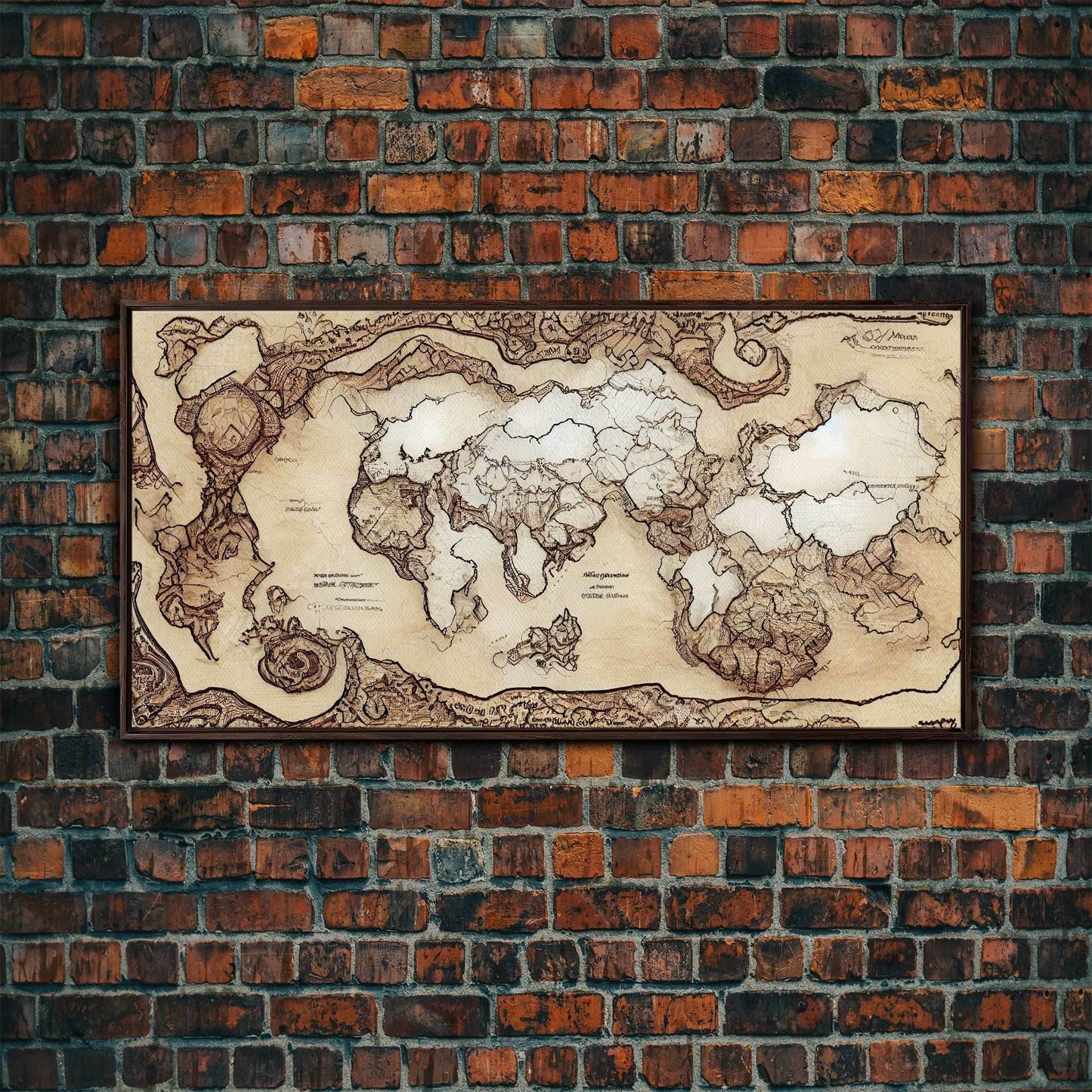 Abstract fantasy world map, canvas print, middle earth style, wall art for nerds like me - 10x20 Inches / Walnut Frame